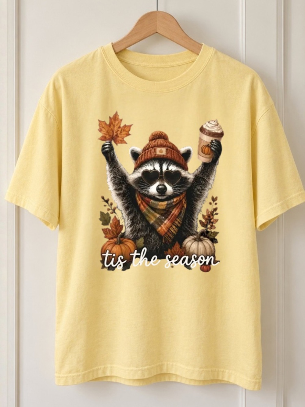 Tis The Season Raccoon Fall Leaves Coffee Pumpkin Heart Sunglasses T-Shirt